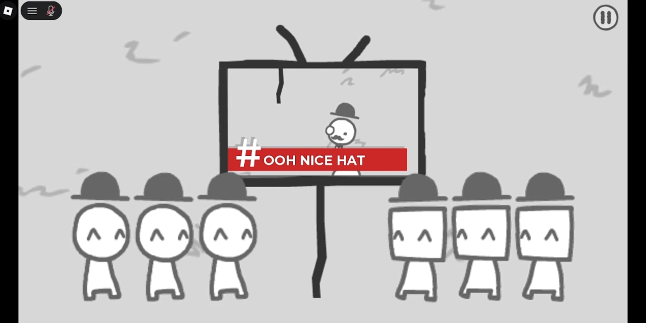 Hat-wearing round and square figures beside the OOH NICE HAT television report.