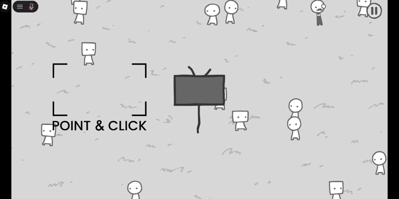 Round-headed and square-headed park figures around a television beside the POINT & CLICK camera viewfinder.